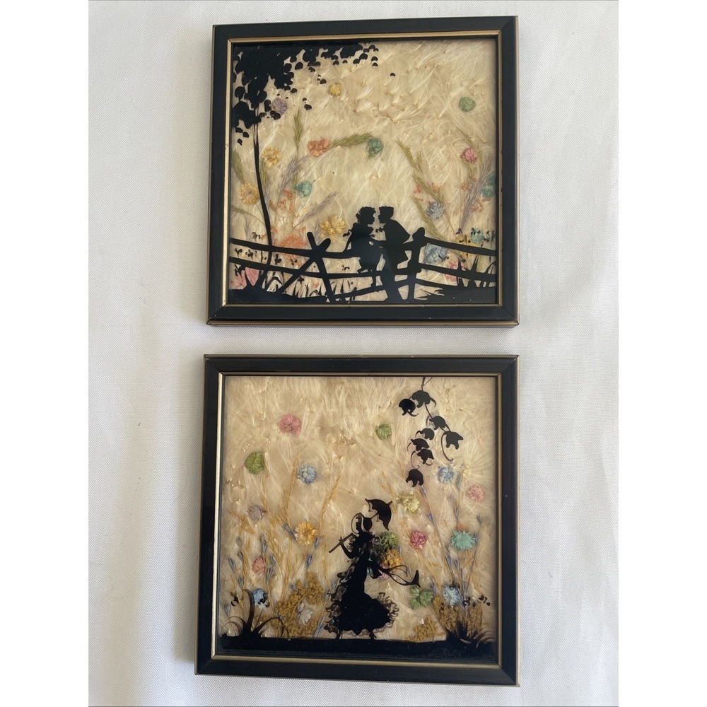2 Vintage Reverse Silhouette Hand Paintings Mary Fisher Milkweed Artwork Stamped